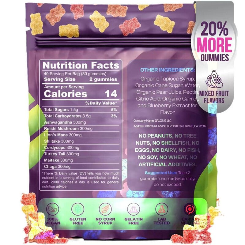 Focus & Calm Mushroom Gummies – 2500mg mit Löwenmähne & Ashwagandha (80 Stück) - Gymfit