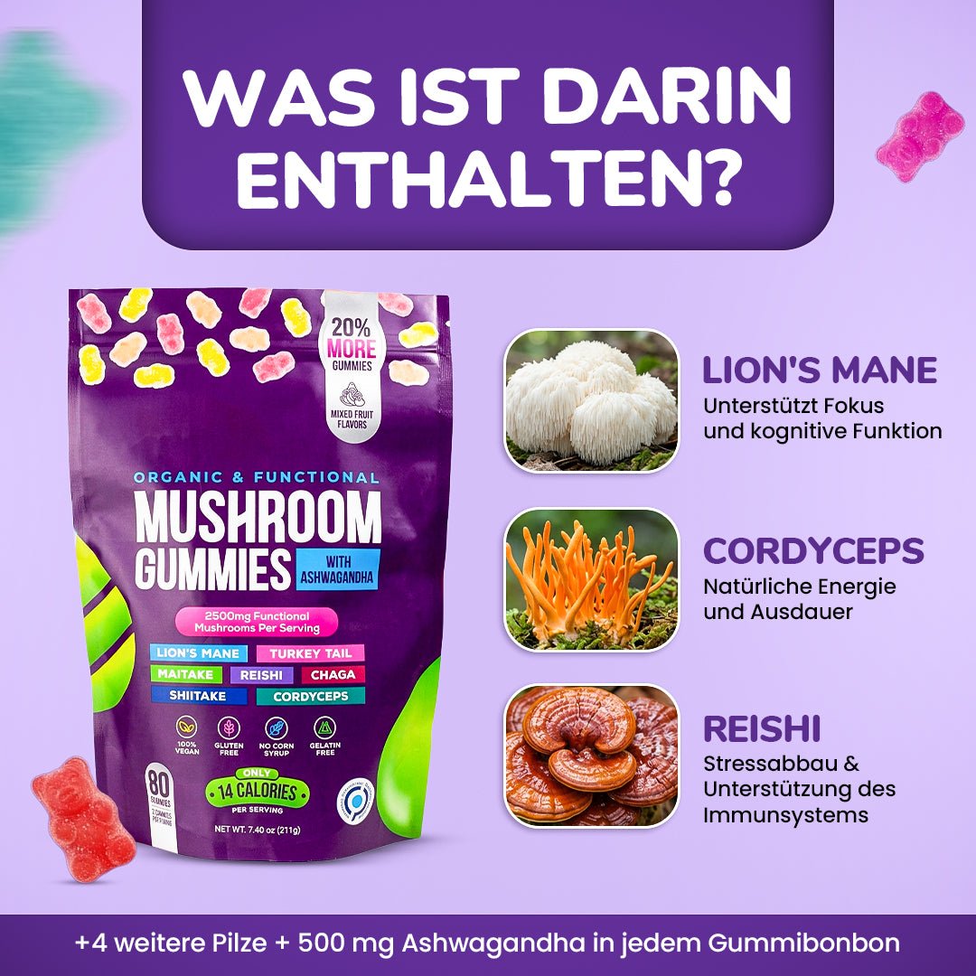 Focus & Calm Mushroom Gummies – 2500mg mit Lion’s Mane & Ashwagandha (80 pcs) - Ironfit