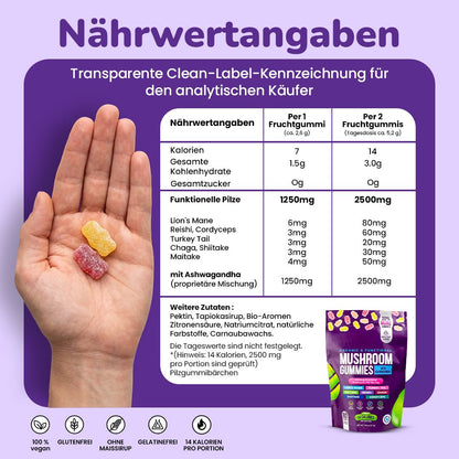 Focus & Calm Mushroom Gummies – 2500mg mit Lion’s Mane & Ashwagandha (80 pcs) - Ironfit