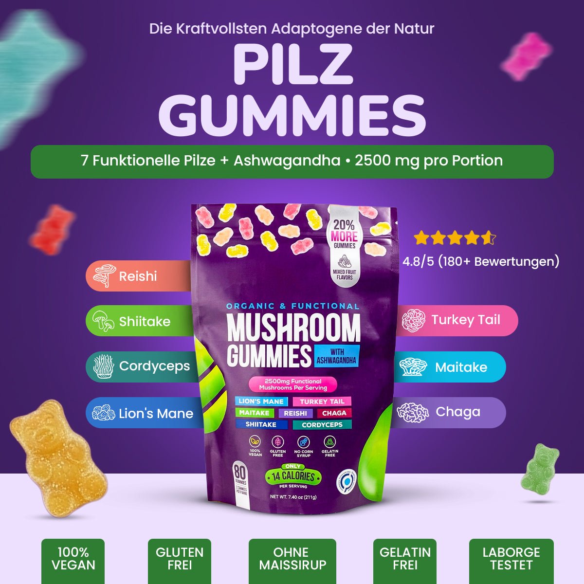 Focus & Calm Mushroom Gummies – 2500mg mit Lion’s Mane & Ashwagandha (80 pcs) - Ironfit