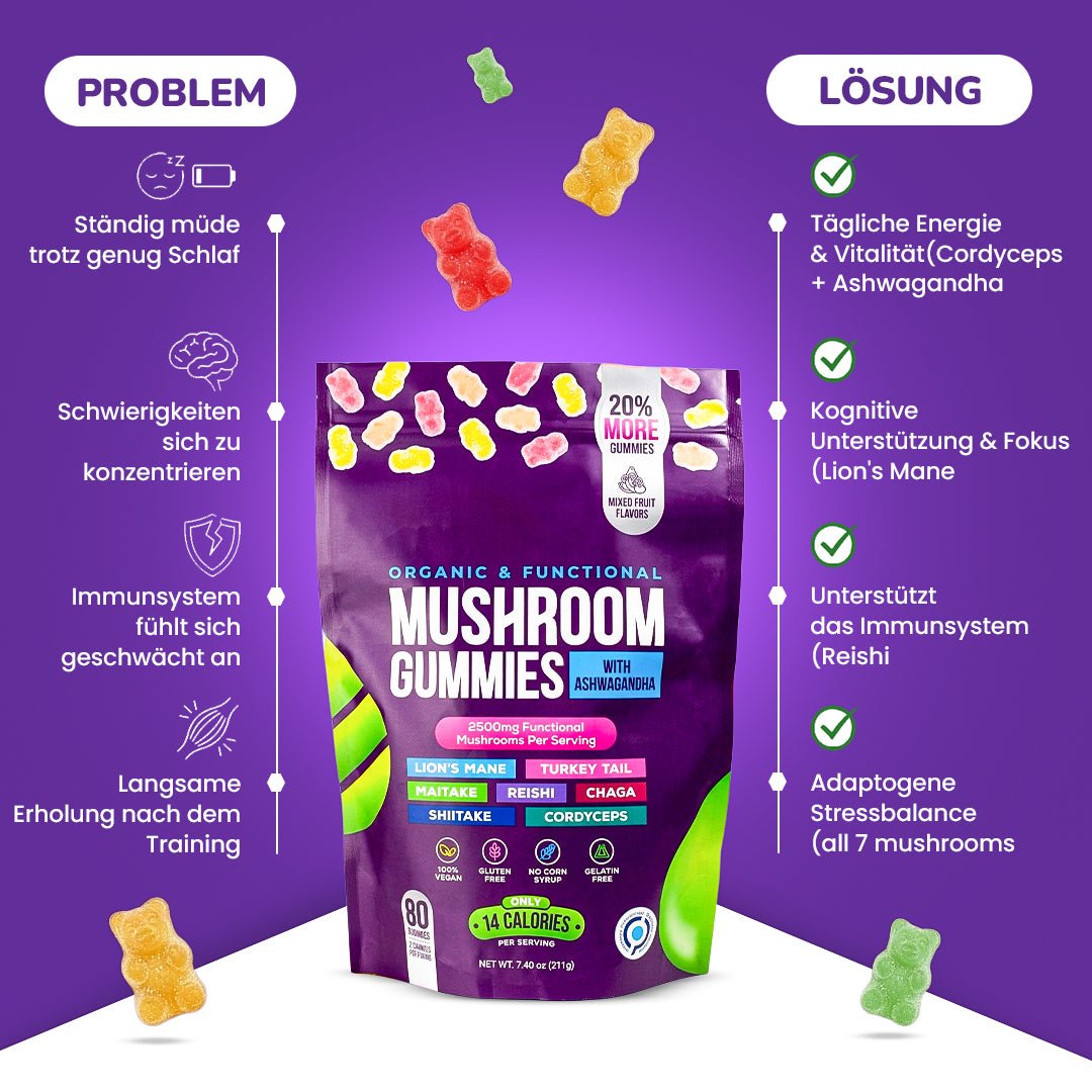 Focus & Calm Mushroom Gummies – 2500mg mit Lion’s Mane & Ashwagandha (80 pcs) - Ironfit